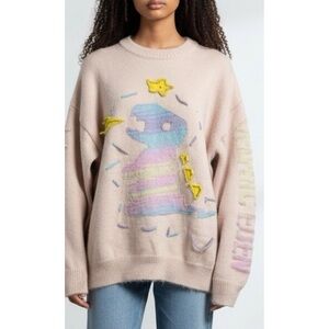 RARE Aelfric Eden Baby Pink Rainbow Dino Logo Stitched Sweater Sz S Indie Skater